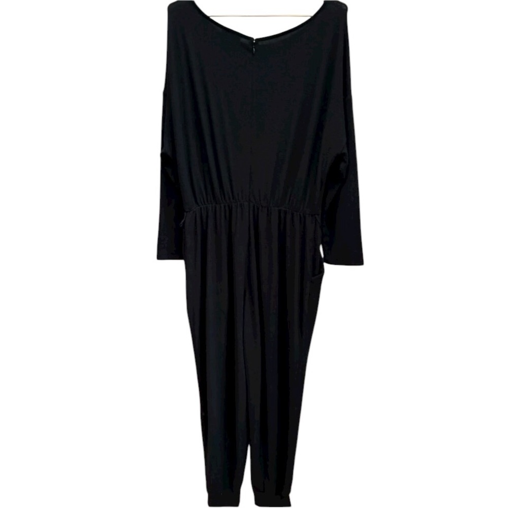 Express large black off shoulder long sleeve jumpsuit back zip jogger style hem